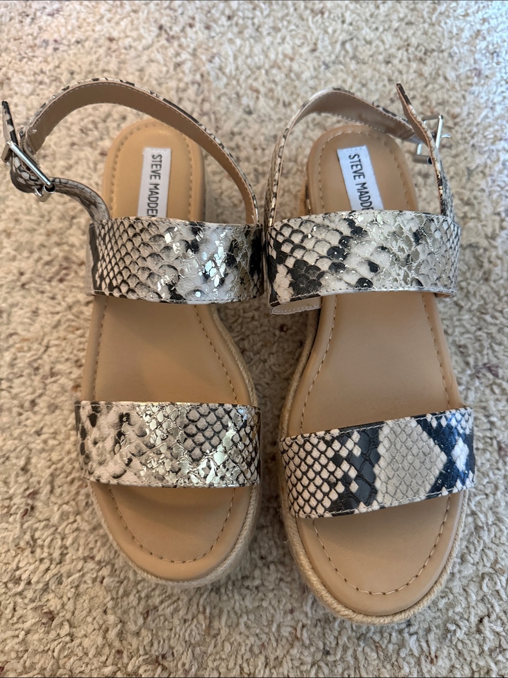 Steve Madden Women’s Snake-Print Beige and Black Sandals